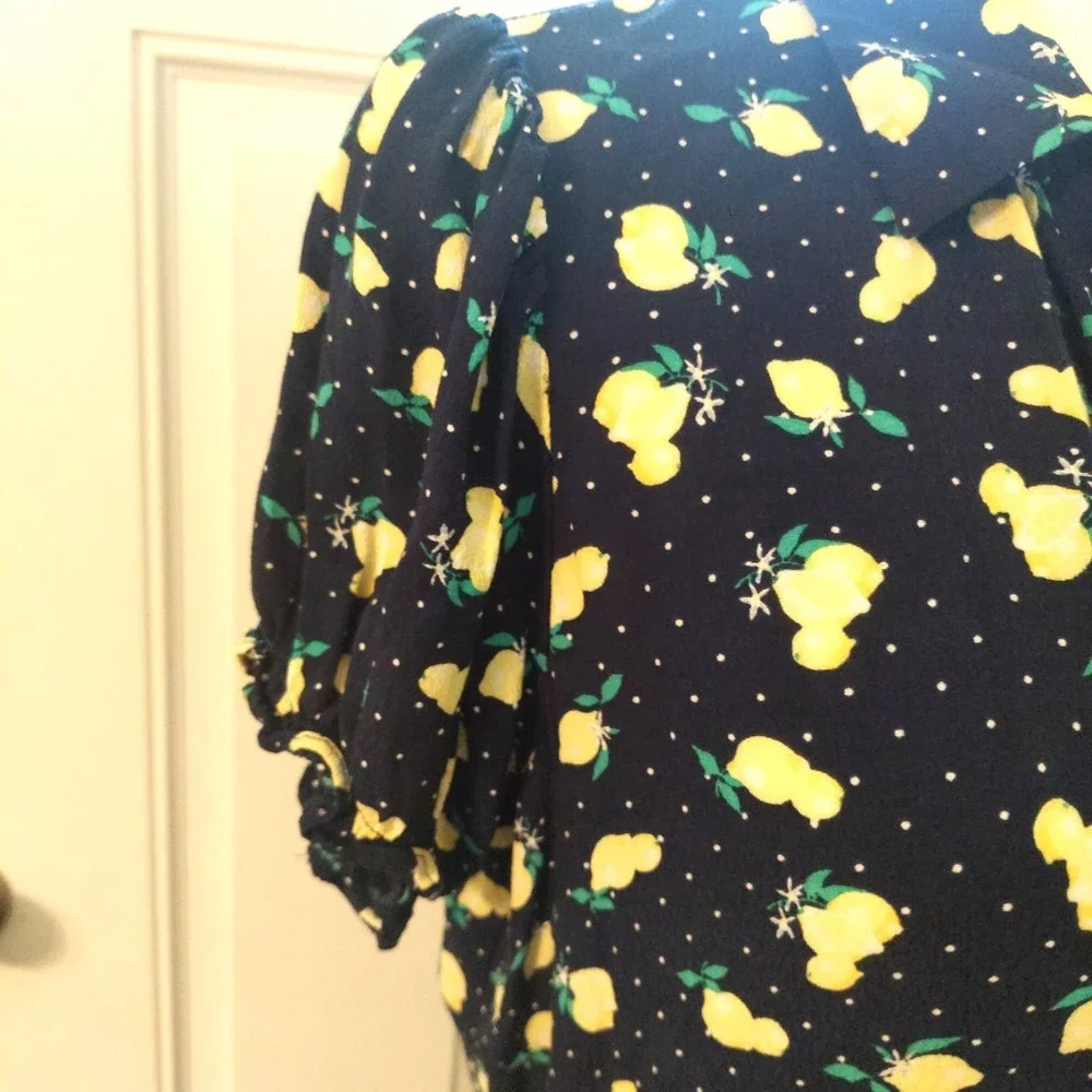 Talbots Shirt Dress 14 Navy Yellow Lemons Button Front Belted Midi Cottage Core - Picture 3 of 12
